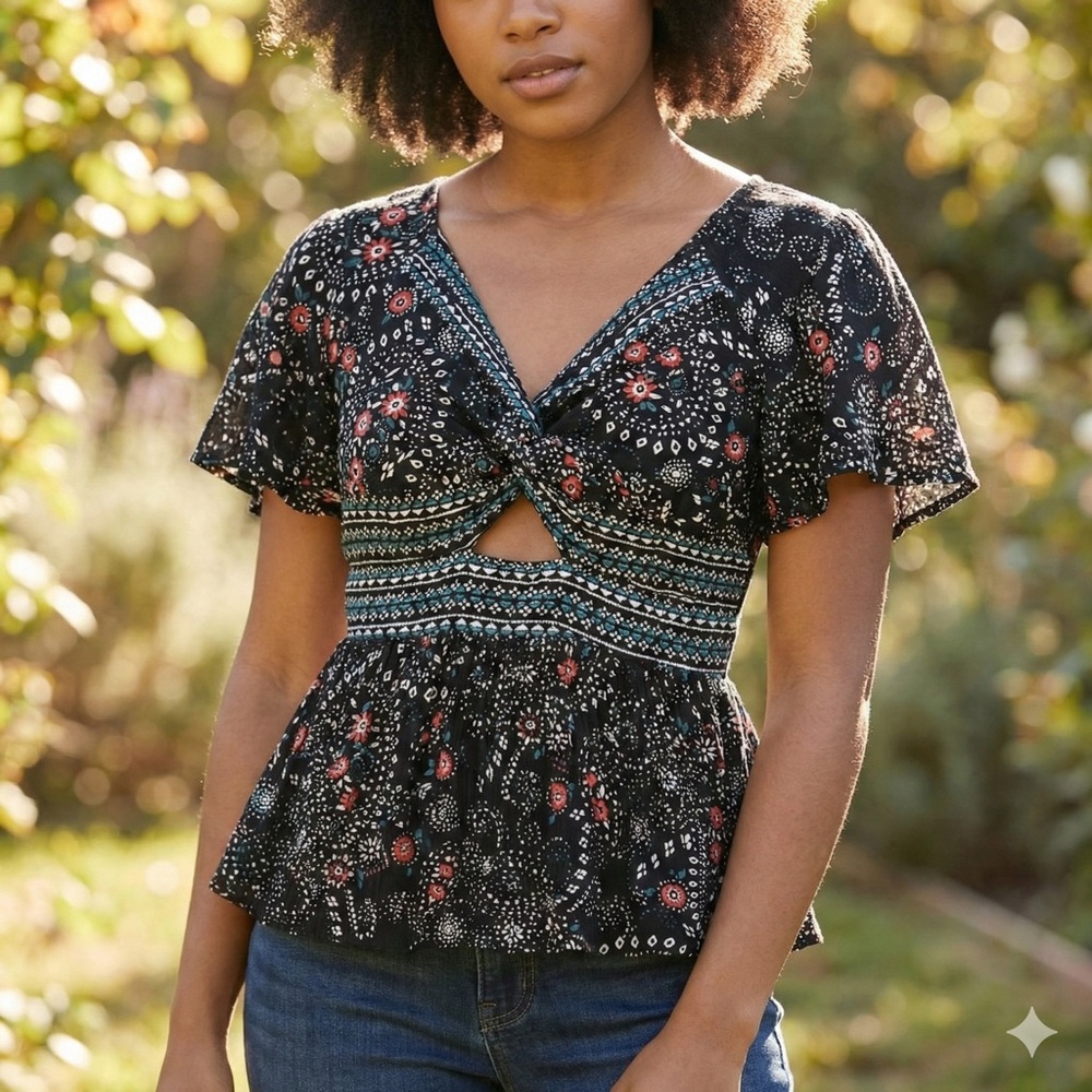 Unique Floral Peplum Top with Keyhole (black, red, blue)